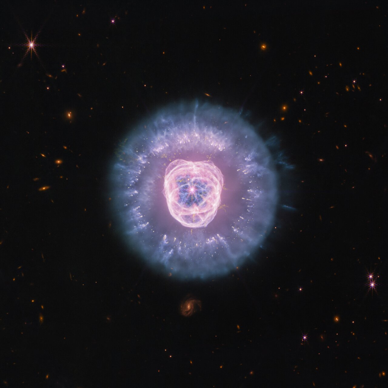 NGC 2392 (Lion Nebula). A Webb image in infrared light: a bright ring of purple and blue dust around a small white star at the centre, against a black sky scattered with distant galaxies.